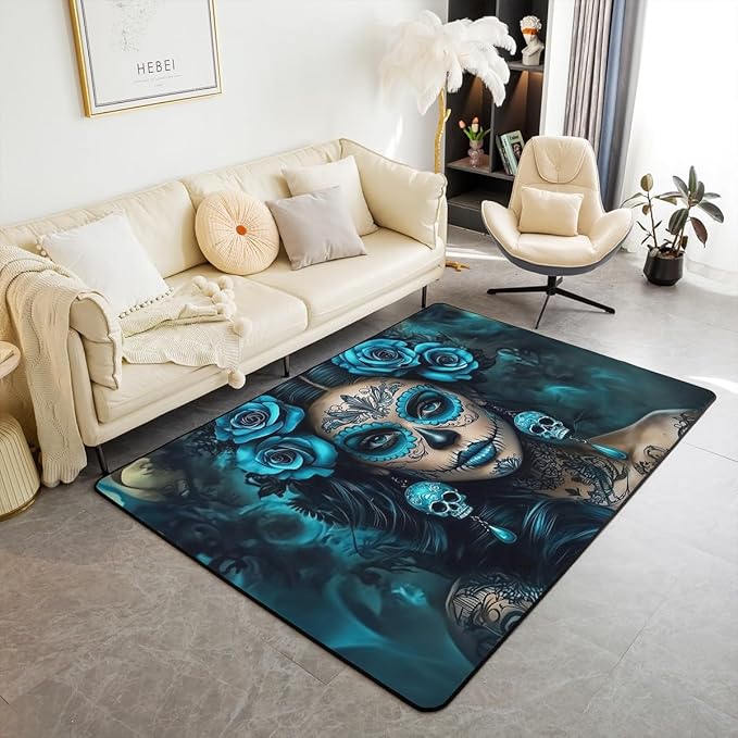 Erosebridal Sugar Skull Area Rug 5x7 Teal Rose Floral Rug for Bedroom Living Room Gothic Rose Skull Carpet Decor Halloween Indoor Floor Mat Non Slip - sugar skull area rug
