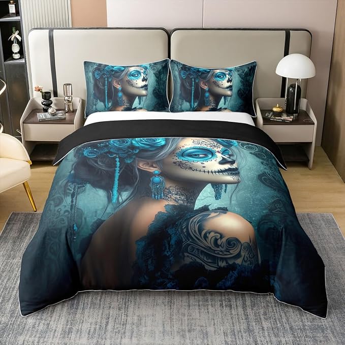 Erosebridal Turquoise Sugar Skull Bedding Set Twin Gothic Skull 100% Cotton Duvet Cover Hallwoeeen Rose Floral Comforter Cover for Adults Men Women Goth Skeleton Bed Set 2 Pcs - sugar skull bedding set