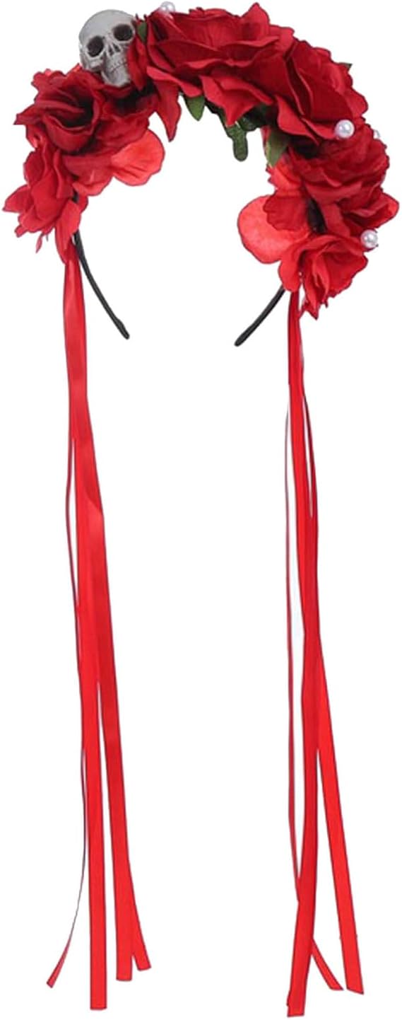 dPois Romantic Mexican Sugar Skull Headpiece Floral Arrangement Faux Pearls for Day of the Dead Gothic Halloween Events - sugar skull flower crown