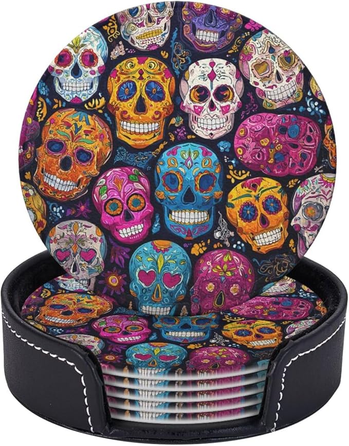 Coasters Set of 6 Non-Slip Drink Coasters with Holder Sugar Skulls Coaster Round Mug Mat for Tabletop Protection Leather Tea Cup Coasters for Coffee Table Bar Accessories Housewarming Gifts - sugar skull coasters set