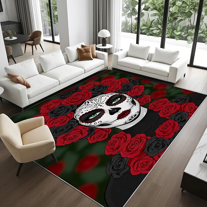 COLORCITY Day of The Dead Area Rug, 5x8 Rug for Bedroom, Mexican Sugar Skull Rugs for Living Room, Washable Non Slip Soft Low Pile Carpet, Dia De Los Muertos Decor - sugar skull area rug