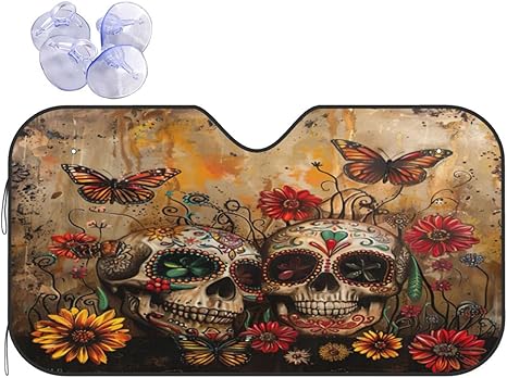 Sugar Skulls Butterfly Print Windshield Car Sun Shade Block Rays Suns Visor Automotive Front Windows Protector Universal - sugar skull car sunshade for windshield