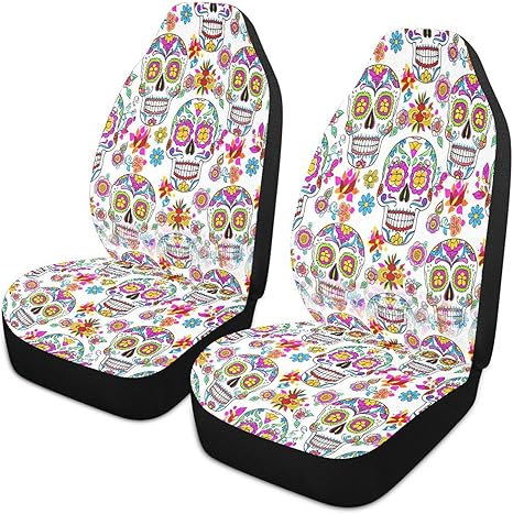 2 Pack Mexican Sugar Skulls Car Seat Covers Front, Universal All-in-One Fit Elastic Breath Car Seat Protector Non-Slip Waterproof Fit for SUV/Trucks/Sedans - sugar skull car seat covers set