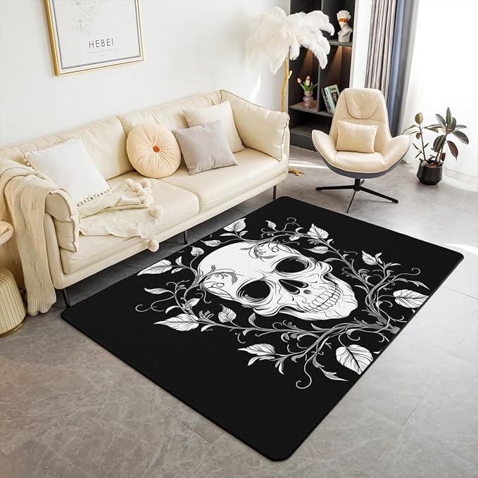 Erosebridal Sugar Skull 3 X 5 Area Rug,Skeleton Bones Flower Living Room Rugs,Boho Flowers Decorative Carpet Spooky Gothic Decor Indoor Floor Mat - sugar skull area rug