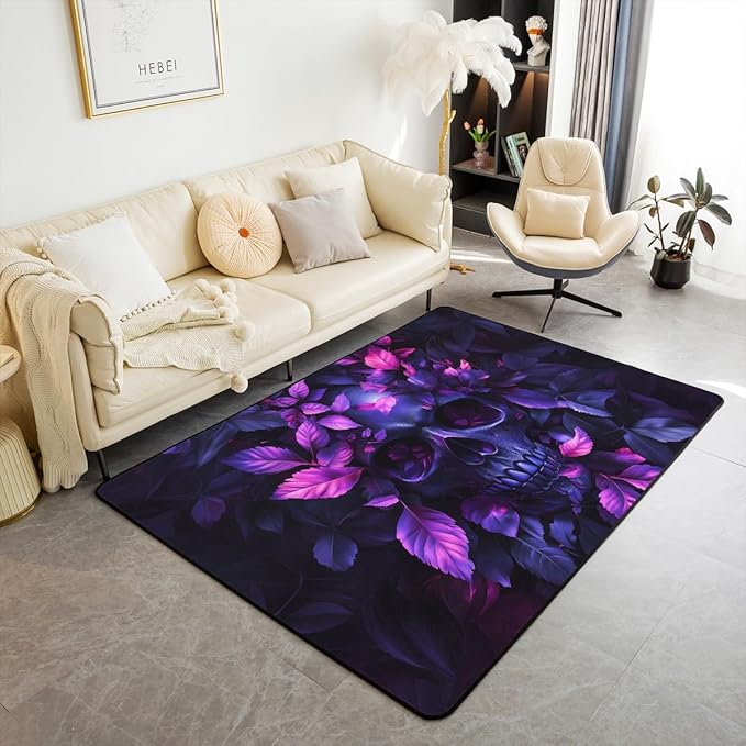 Erosebridal Skeleton Living Room Rugs Botanical Leaves Area Rug 3X5 Purple Gothic Decor Carpet, Sugar Skull Pattern Decorative Rug - sugar skull area rug