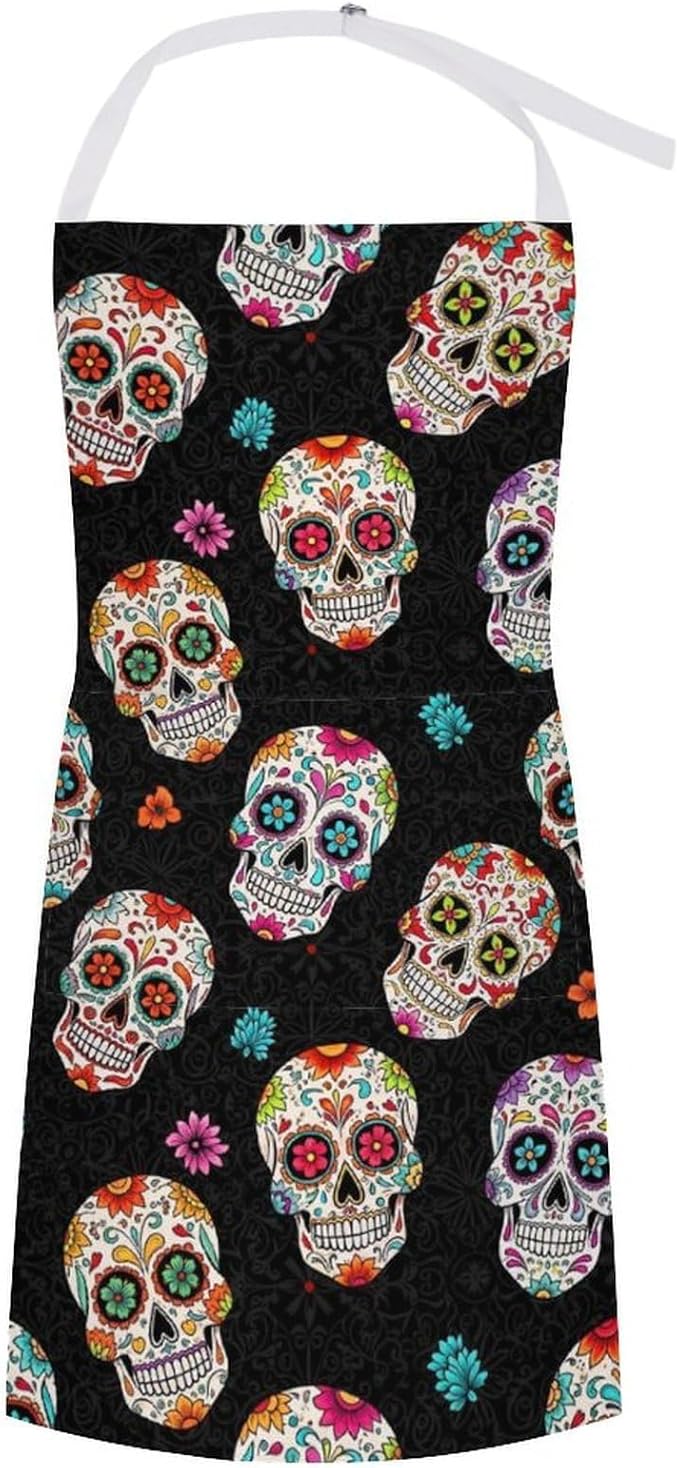 Waterproof Kitchen Apron with Roomy Pocket and Long Ties for Grill Restaurant Gils - Halloween Vintage Sugar Skull Head - Liquid Drop Resistant, Machine Washable Comfortable Aprons - sugar skull apron for women