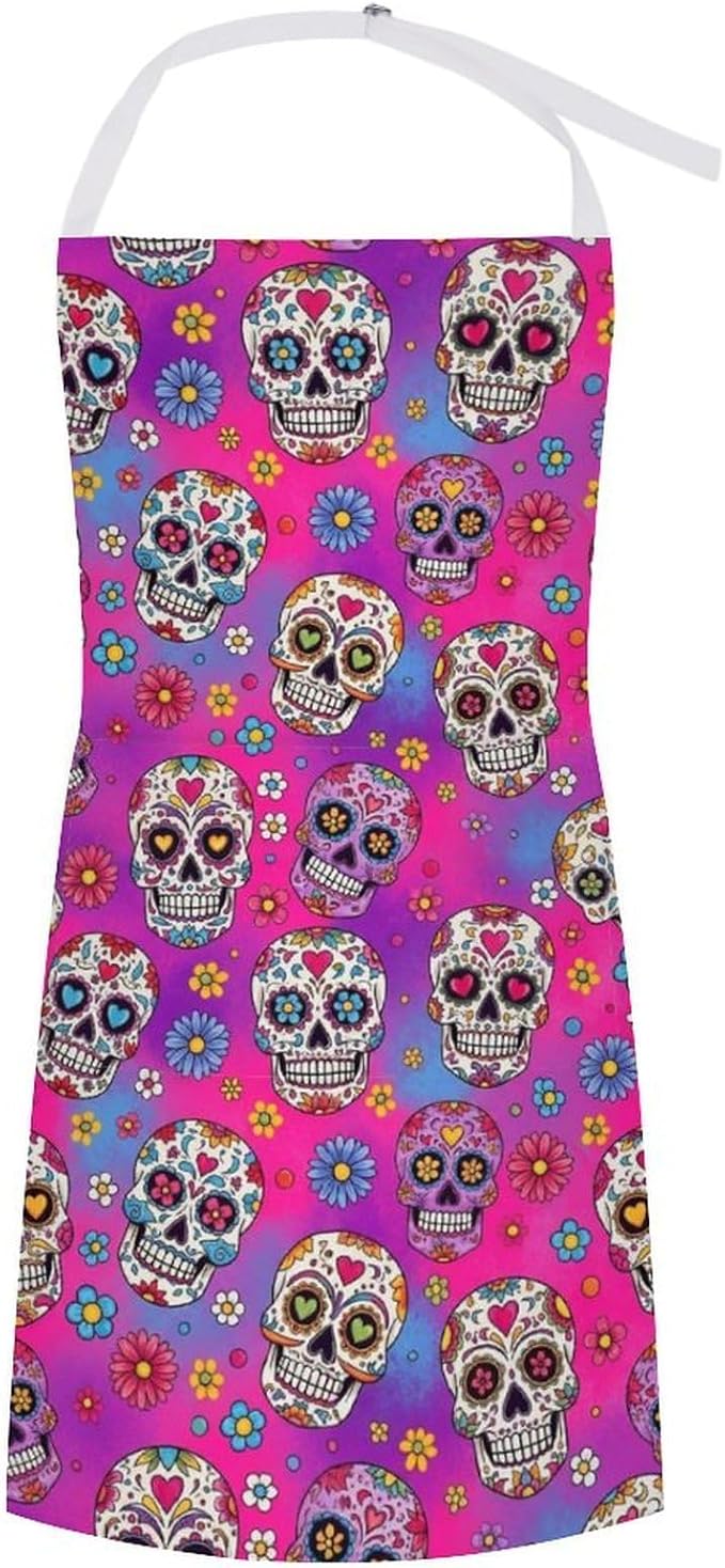 Durable Polyester Chef Kitchen Apron Water Resistant Kitchen Apron with Roomy Pocket - Floral Pink Sugar Skull for BBQ Kitchen, Holidays Machine Washable - sugar skull apron for women