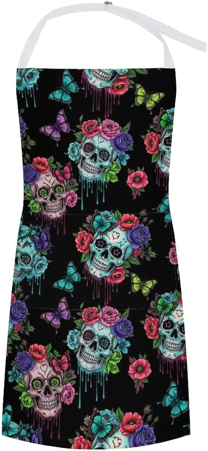Men Women Professional Chef Bib Aprons Kitchen Apron Waterproof Apron with Large Pocket for Cooking, Grill, Baking, BBQ, Holidays, (Flowers Butterflies Rose Dead Sugar Skull) - sugar skull apron for women