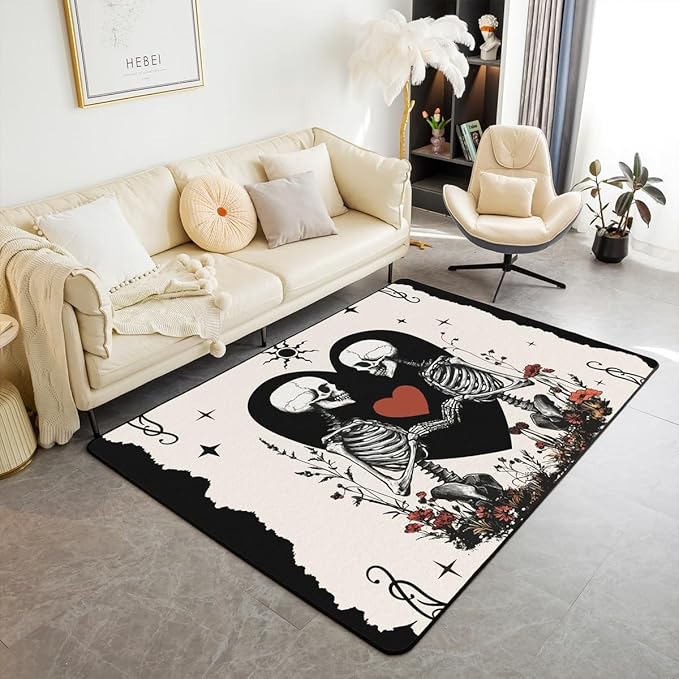 Erosebridal Couple Love Area Rug 3X5 Sugar Skull Pattern Skeleton Bones Indoor Floor Mat for Living Room,Skeleton Couple Accent Rugs Boho Gothic Decorative Non Slip Rug - sugar skull area rug