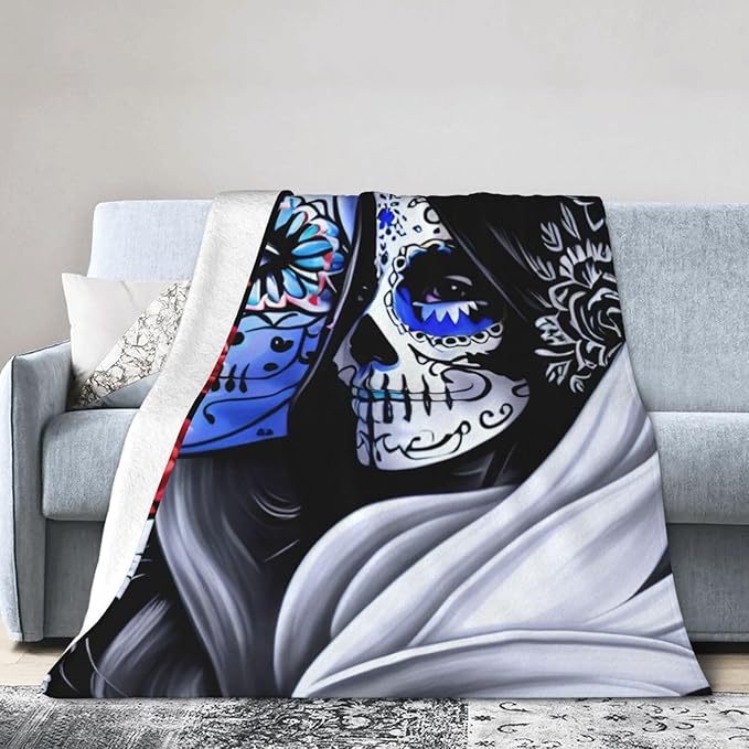 Mexican Sugar Skull Floral Women Day of The Dead Art Reversible Flannel Throw Blanket- Ultra Soft Lightweight for Bed, Sofa, Travel & Camping 50"X40" Inch - sugar skull throw blanket