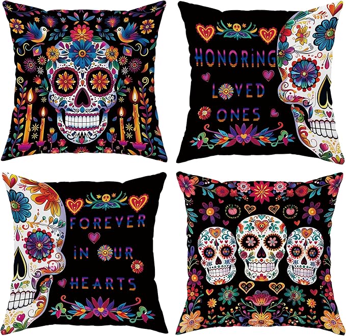 Colorful Sugar Skull Throw Pillow Covers Set of 4, Black Floral Decorative Cushion Cases for Day of The Dead Home Decor, Festive Square Pillow Covers for Sofa Couch Bed 20x20 Inch - sugar skull throw pillow