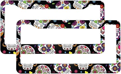 Day of The Dead Sugar Skull 2 Pack Stainless Steel License Plate Frame - 12.3" X 6.3" Front and Rear License Plate Holder for Cars, Trucks, Suvs - sugar skull plates set