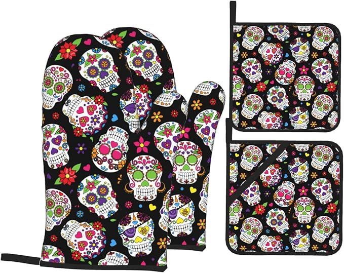 Day of The Dead Sugar Skull Oven Mitts and Pot Holders 4 Pcs Set,High Heat Resistant 500 Degree Extra Thicken Long Kitchen Cotton Oven Glove for Cooking - sugar skull oven mitts