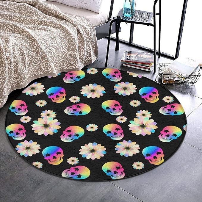 Classic Circular Rug Non-Slip Round Area Rugs 3ft, Dirt Resist Washable Bathroom Carpet Flowers Floral Sugar Skull Floor Mat for Living Room - sugar skull floor mat