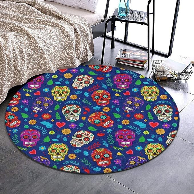 Classic Circular Rug Non-Slip Round Area Rugs 3ft, Dirt Resist Washable Bathroom Carpet Day Dead Cool Mexican Sugar Skulls Floor Mat for Living Room - sugar skull floor mat