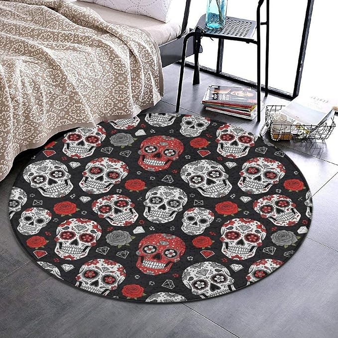 Non-Slip Circle Area Rug for Bathroom, Fashion Indoor Floor Mat for Dining Room Stain Resistant Round Mat 3ft, Mexican Day Dead Rose Sugar Skull - sugar skull floor mat
