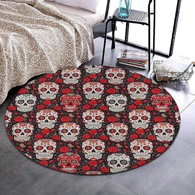 Classic Circular Rug Non-Slip Round Area Rugs 3ft, Dirt Resist Washable Bathroom Carpet Day Dead Floral Rose Sugar Skull Floor Mat for Living Room - sugar skull floor mat