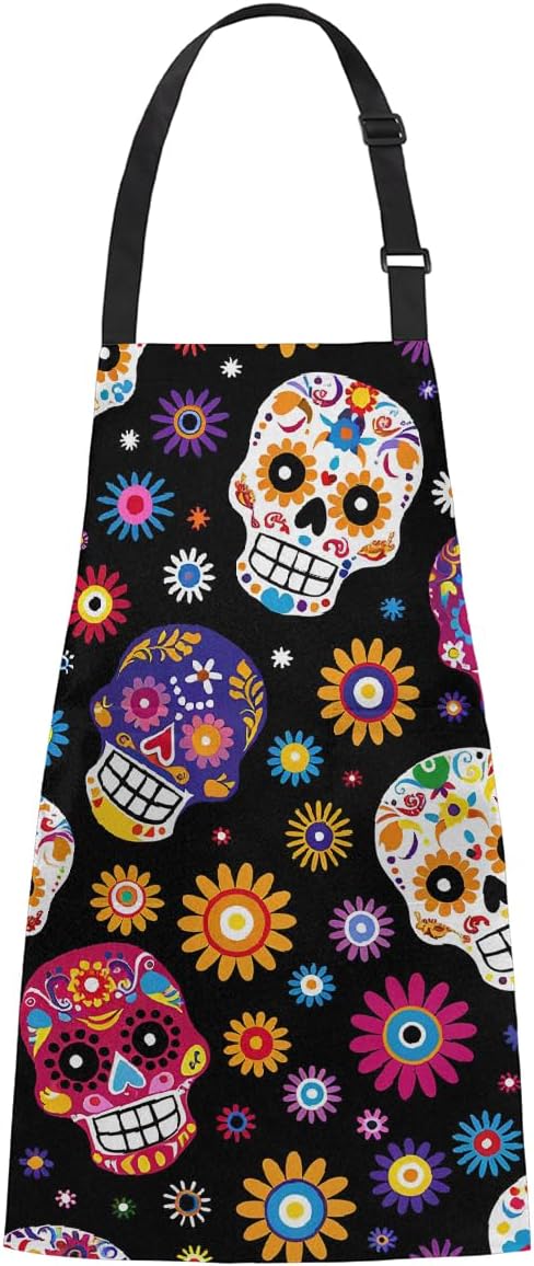 Unisex Adjustable Apron with Pockets - Water-Resistant Kitchen Cooking Apron for Women & Men, 29x26 Inches - sugar skull apron for women