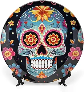 Ceramic Sugar Skulls Decorative Plate for Wall Hanging 6inch Large Bone China Dinner Plates with Display Stand Porcelain Art Dish for Home Kitchen Office Wedding Gift Farmhouse Decor - sugar skull plates set