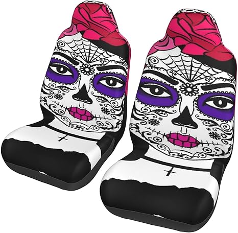Girl Sugar Skull Makeup Calavera Catrina Universal Car Seat Covers 2-Piece Set - Stretch-to-Fit Front Seat Protectors for Cars, Trucks & Suvs - sugar skull car pet seat cover