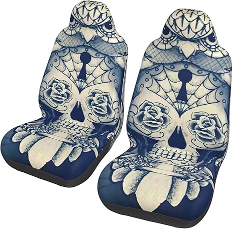 Vintage Owl On Sugar Skull Halloween Gothic Universal Car Seat Covers 2-Piece Set - Stretch-to-Fit Front Seat Protectors for Cars, Trucks & Suvs - sugar skull car pet seat cover