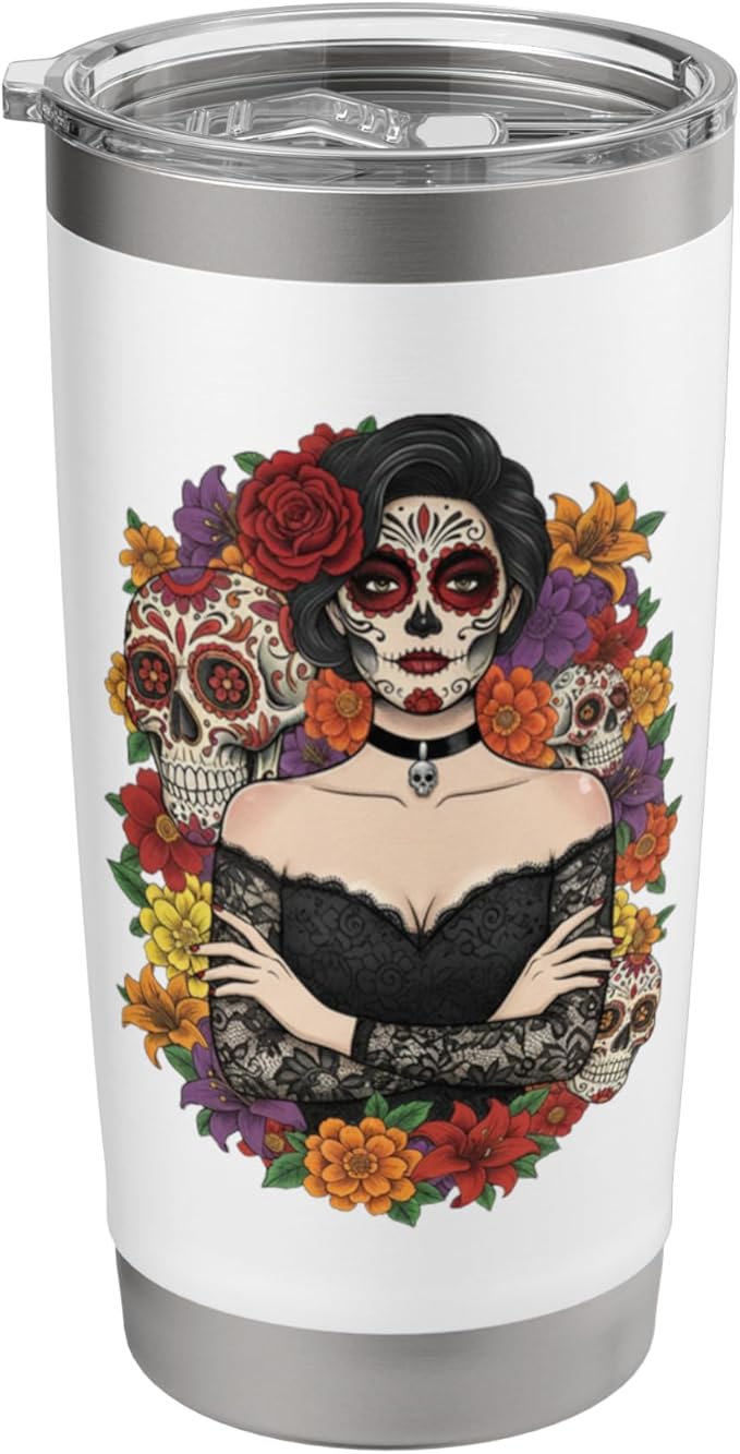 La Catrina Sugar Skull Dia De Los Muertos Floral Design Stainless Steel Insulated Tumbler - sugar skull tumbler with straw