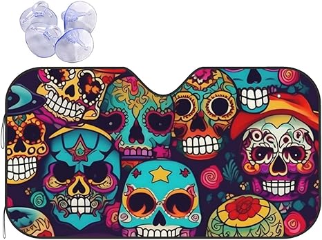 Sugar Skulls Sun Shade - Folding Car Front Window Sunshade for Cars SUV Trucks,Max UV Blocking and Keep The Vehicle Cool - sugar skull car sunshade for windshield