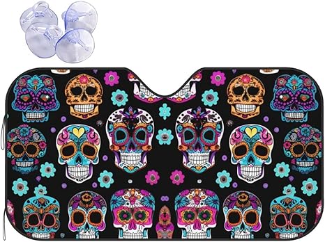 Sugar Skull Sun Shade - Folding Car Front Window Sunshade for Cars SUV Trucks,Max UV Blocking and Keep The Vehicle Cool - sugar skull car sunshade for windshield