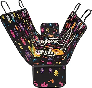 Halloween Dog Car Seat Cover for Back Seat, Fiesta Calavera Pattern, Non-Slip Seat Protector Universal Fit for Cars, Trucks, SUVs and Vans 77" x 67" - sugar skull car pet seat cover