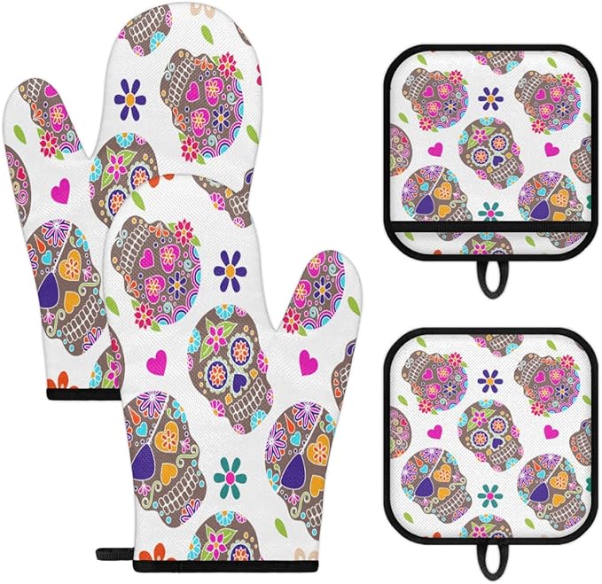 Sugar Skull Oven Mitts and Pot Holders Sets Heat and Slip Resistant Oven Gloves Kitchen Mitts Hot Pads Gifts for Women Men Kitchen Cooking Baking - sugar skull oven mitts