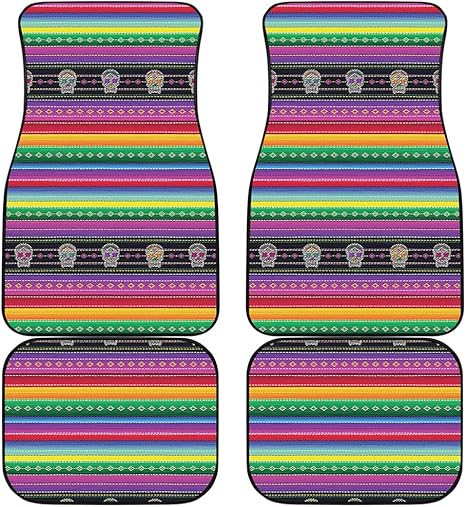 Mexican Serape Sugar Skull Pattern Car Floor Mats | Front & Back | Automotive Accessories | Colorful Print | Universal Fit | Vehicle Interior Decoration | Auto Decor | Unique Gift Idea - sugar skull floor mat