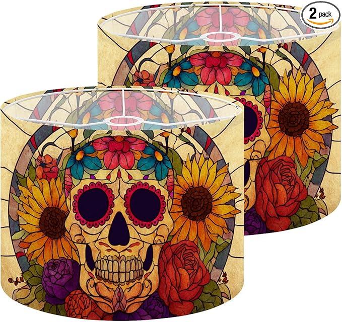 Colorful Lampshades Lamp Shades set of 2 Halloween Sugar Skull Vibrant Flowers Stained Glass Light Shade for Table Lamps Floor Lamps Drum Lamp Shades Lampshade Replacement - sugar skull table lamp