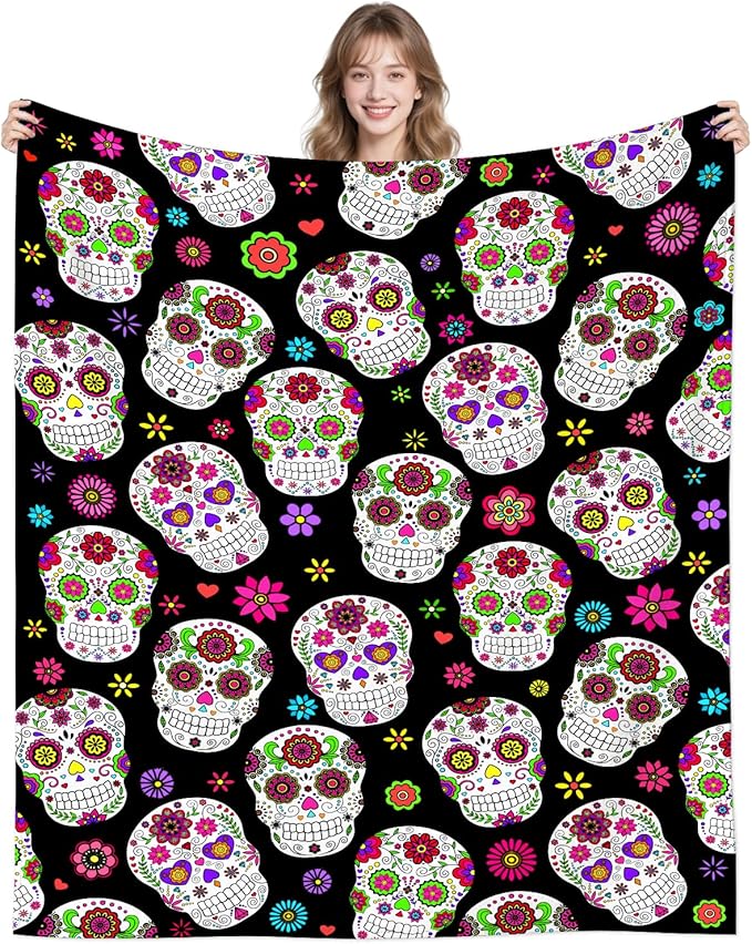 Sugar Skull Blanket Gifts for Women Men Adults Kids,Skull Throw Blankets Christmas Birthday Halloween Gothic Decor Gift for Home Bed Couch 50"X40" - sugar skull throw blanket