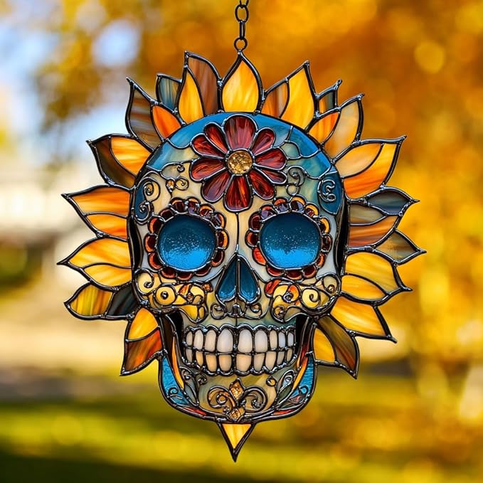 Floral Sunflower Skull Acrylic Suncatcher Stained Glass Effect Window Car Hanging Christmas Ornament Indoor Outdoor Decor Garden Sun Catcher Panel for Sugar Skull Lover for Women Mom Grandma - sugar skull wine glass