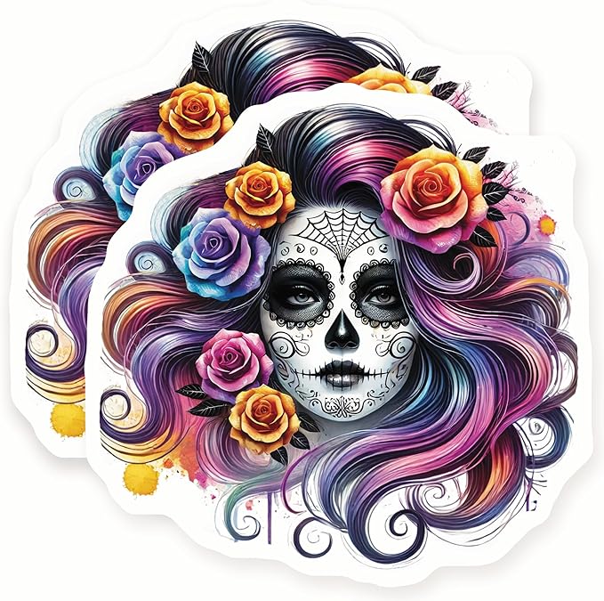 Sugar Skull Magnets - Day of The Dead Decor - Colorful Roses - 2 Pack - - Sticks to Fridges, Lockers, Toolboxes, & More - Made in USA - AQM6137 - sugar skull garden decor