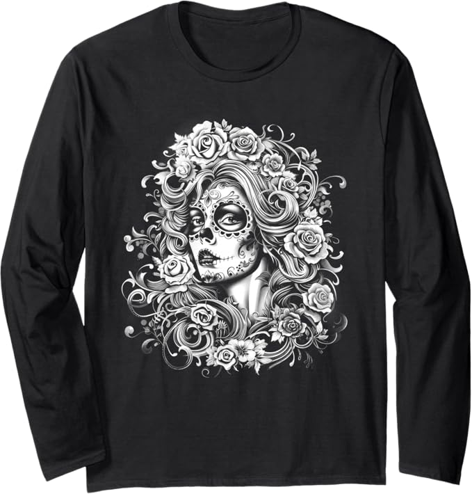 De Los Catrina Day of the Dead Sugar Skull - sugar skull long sleeve shirt mens