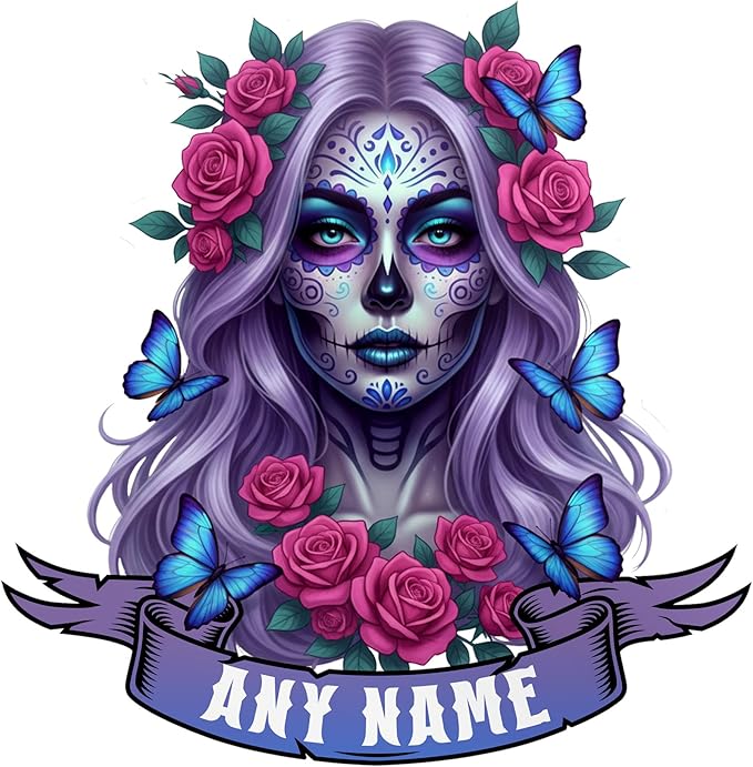 Custom Sugar Woman Skull Mexico Mexican Name Transparent Sticker Personalized Sugar Skull Vintage Waterproof UV DTF Stickers for Water Bottle, Laptop, Scrapbook, Tumblers, Cute Gifts for Her Him - sugar skull vinyl sticker