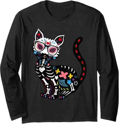 Sugar Skull Mexican Cat Halloween t -shir t - sugar skull long sleeve shirt mens