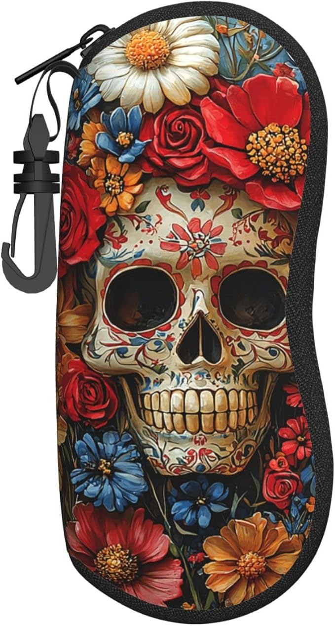 Sunglasses Case with Carabiner Ultra Light Travel Zipper Glasses Eyeglasses Holder, Sugar Skull Flowers Floral - sugar skull wine glass