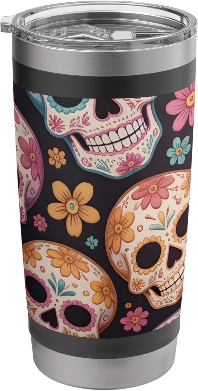 Colorful Sugar Skull Pattern Dia de los Muertos Halloween Stainless Steel Insulated Tumbler - sugar skull tumbler with straw