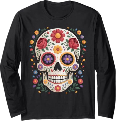 Day Of Dead Sugar Skull Floral Skeleton - sugar skull long sleeve shirt mens