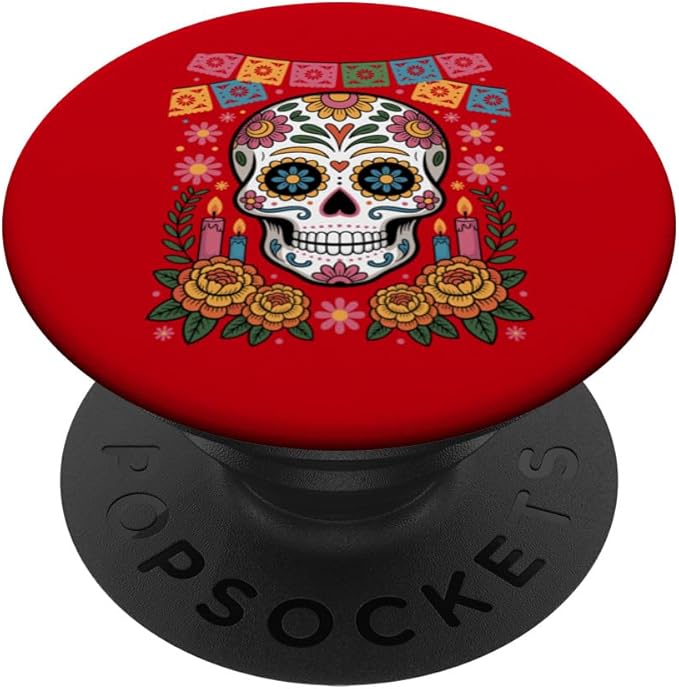 Day of Dead Sugar Skull with Flowers and Candles PopSockets Adhesive PopGrip - sugar skull candle holder