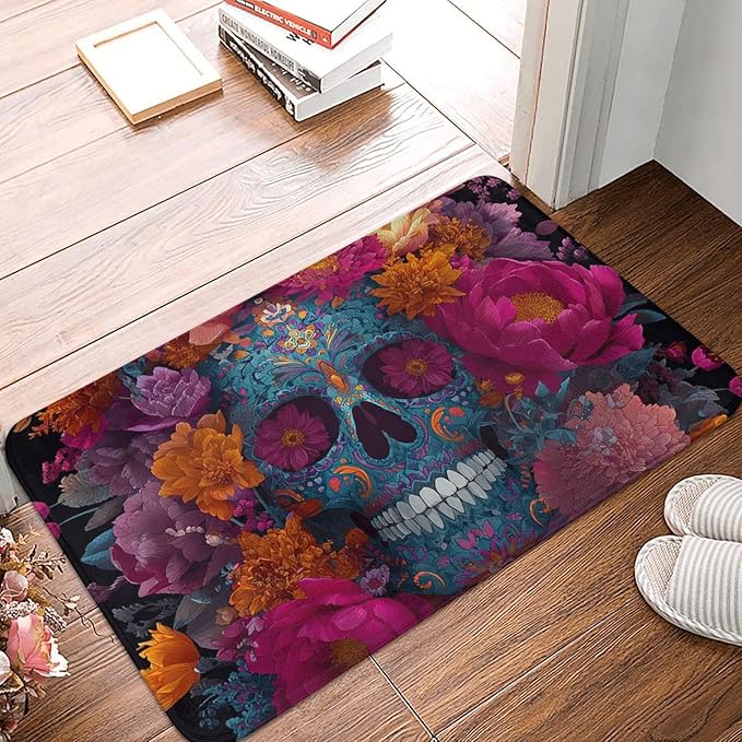 Front Door Mat Outside Entrance Low Profile Welcome Doormat Non-Slip Entryway Rug Sugar Skull Flowers Door Mat Indoor Entrance Floor Mats Outdoor Doormats for Entryway Patio Porch Decor 16x24 Inch - sugar skull floor mat