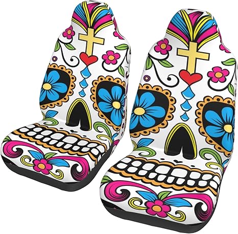 Set of Sugar Skull Day of The Dead Colorful Paisley Flower Universal Car Seat Covers 2-Piece Set - Stretch-to-Fit Front Seat Protectors for Cars, Trucks & Suvs - sugar skull car pet seat cover