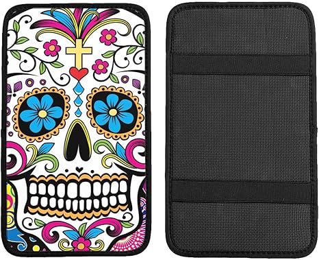 Set of Sugar Skull Day of The Dead Colorful Paisley Flower Universal Center Console Armrest Cover Pad Car Armrest Protector for Most Cars, Suvs & Trucks - sugar skull car pet seat cover