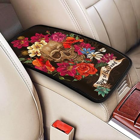 Multi Colorful Flowers Sugar Skull Automotive Center Console Pad, Soft Armrest Seat Cover Pad, Suitable for SUV, Truck, and Automotive Armrest Protectors - sugar skull car pet seat cover