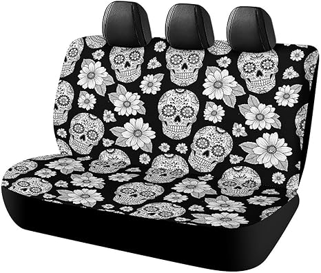 Car Seat Cover for Back Seats, Floral Sugar Skulls Black Bench Protective Car Seat Covers Cars Interior Accessories Luxury Rear Backrest Cover for Car Truck - sugar skull car pet seat cover
