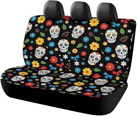 Luxury Car Backseat Covers Auto Accessories Decor Flowers Mexican Sugar Skull Bench Seat Covers Car Rear Cushion Protector Cover for Truck Vehicles - sugar skull car pet seat cover