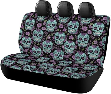 Luxury Car Backseat Covers Auto Accessories Decor Floral Sugar Skull Bench Seat Covers Car Rear Cushion Protector Cover for Truck Vehicles - sugar skull car pet seat cover