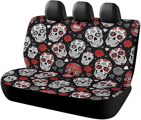 Luxury Car Backseat Covers, Mexican Day Dead Rose Sugar Skull Rear Bench Seat Cover Car Backrest Protective Cover Against Dirt Universal Fit Truck and Vehicle - sugar skull car pet seat cover